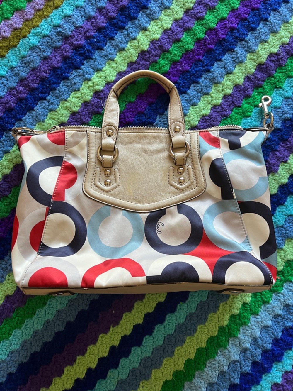 Coach Multicolor Circle Print Satchel - Red, Navy, Light Blue, Beige - Picture 11 of 14